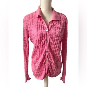 ZARA pink button up stretchy cable knit cardigan shirt blouse top size Large NWT